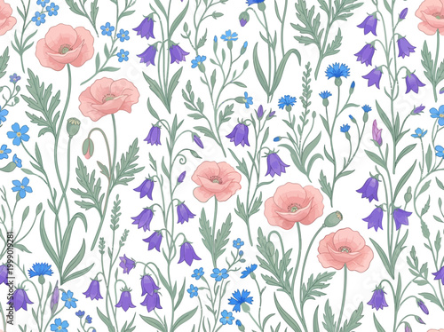 Elegant Seamless Wildflower Pattern with Pink Poppies, Purple Bellflowers, and Blue Cornflowers on White Background