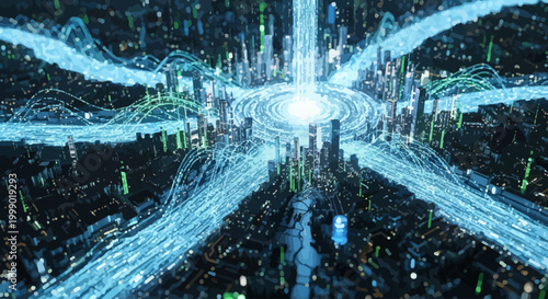 Futuristic Digital Cityscape with Data Streams and Glowing Connections
