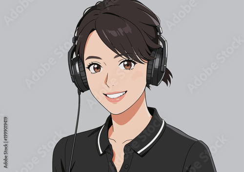 Smiling female broadcaster wearing headphones and polo shirt