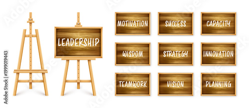 Wooden chalkboard on easel. Blackboard in wooden frame on a tripod. Presentation board with text, writing or drawing surface. Leadership and success, goals achievement. Vector illustration