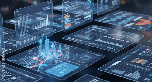 Futuristic interfaces displaying data, analytics, and visualizations on translucent screens, embodying advanced technology and smart system concepts
