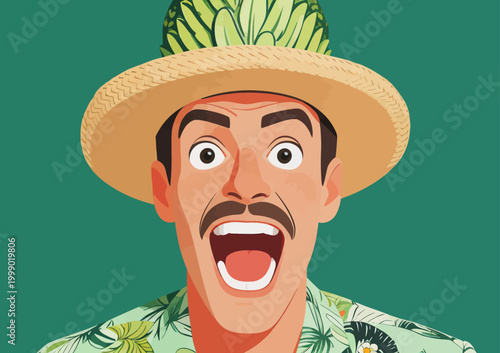 Surprised tropical man wearing straw hat and floral shirt