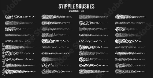 Ink scatter brush, stipple drawing and texturing. Fading gradient. Stippling, dotwork drawing, shading using dots. Halftone disintegration effect. White noise grainy texture. Vector illustration