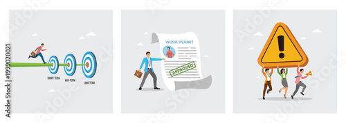 Short, medium, and long term goals. Document With Approved Stamp. Employee carry sign of attention.