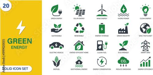 Green Energy Solid Icon Set. Renewable, Solar, Wind, Eco Friendly, Sustainability and Clean Power Editable Vector Illustration