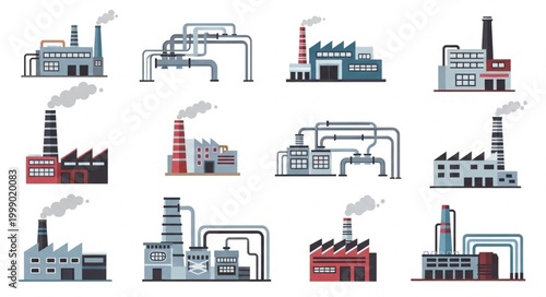 Collection of Industrial Factory Buildings with Smoke Stacks.