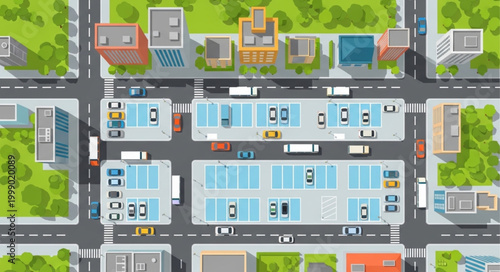 Aerial view of a busy city block with buildings and traffic.