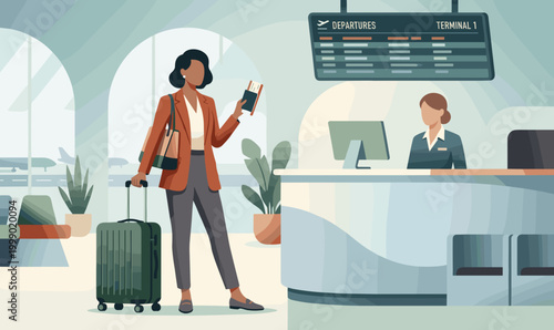 Female Traveler at Airport Check-In Holding Passport with Luggage