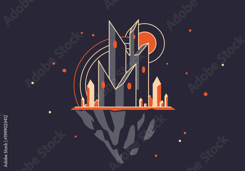 Futuristic Floating City on Asteroid, Minimalist Sci-Fi Vector Illustration of Cosmic Castle in Deep Space