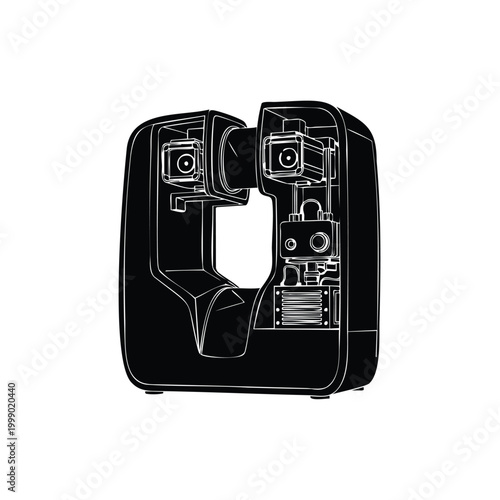 3D printer internal view showing extrusion and cooling mechanisms silhouette.
