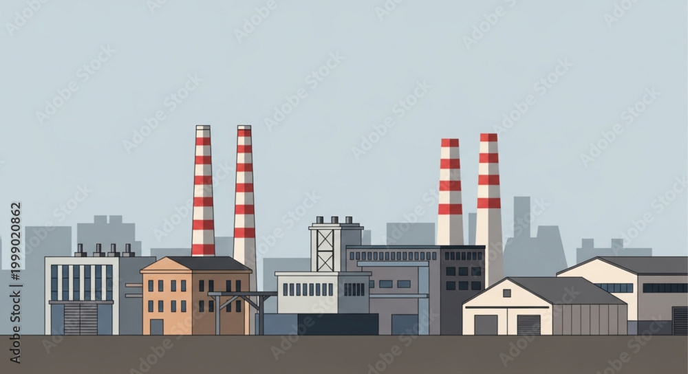 Obraz premium Industrial Factory Buildings With Tall Smokestacks Under A Cloudy Sky.