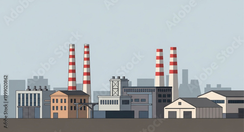 Industrial Factory Buildings With Tall Smokestacks Under A Cloudy Sky.