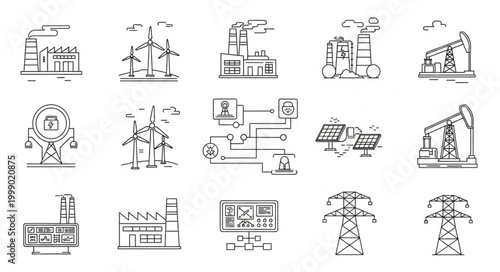 Set of industrial and energy production icons and symbols.