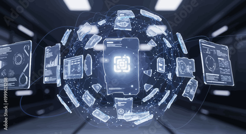 Futuristic Global Data Network Visualization with Artificial Intelligence Interface. Abstract concept of advanced big data processing and digital information analysis in a technological environment