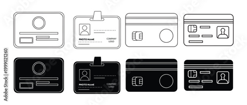 Collection of various identification cards and credit cards in outline and solid styles