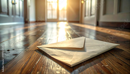 A white envelope lying on a polished wooden floor with warm morning sunlight streaming in.