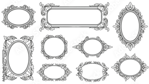 Collection of elaborate ornamental vintage frames with floral and swirl patterns in black and white for mirrors or pictures.