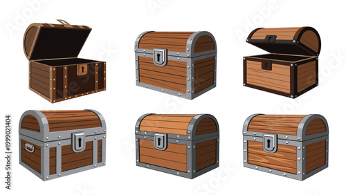 Collection of six wooden treasure chests in different perspectives, showing both open and closed versions with metal reinforcements.