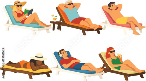 Full Body Sunbathing Characters Collection for Summer Vacation and Beach Lifestyle Flat Vector Illustration