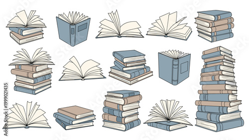 Large assortment of books shown in various states including neat stacks, messy piles, and open volumes with pages fluttering.