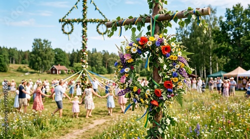 A colorful flower wreath, summer solstice symbol, midsummer celebration