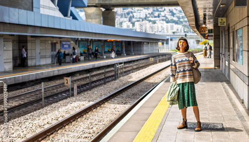 girl looking at watch and waiting for train. girl standing at train station waiting for train.