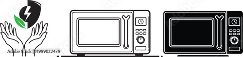Three different illustration icons representing microwave ovens and an ecofriendly shield with lightning bolt
