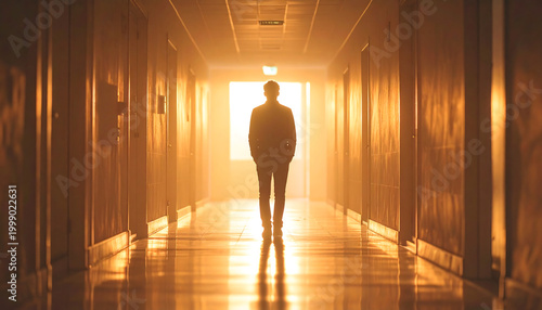 Silhouette of a man standing in a long hallway toward a bright golden light at the end.