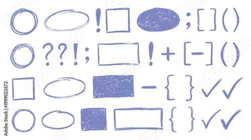 Educational symbols decorative elements set, brush crayon style, geometric frames, punctuation marks, brackets, and checkmarks