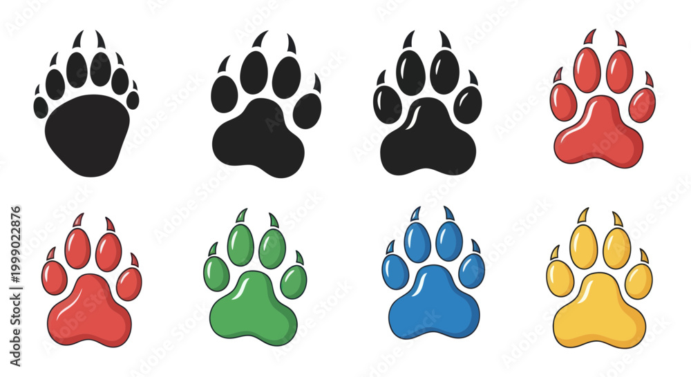 Fototapeta premium Colorful Paw Prints Collection: Animal Tracks in Red, Green, Blue, Yellow, Black
