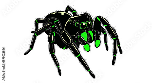 Close-up of a black jumping spider with bright green accents, isolated on white