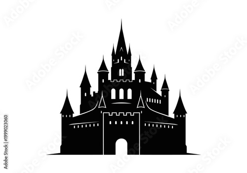 Medieval Castle Silhouette Icon - Black Fairytale Fortress Vector Graphic Isolated on White