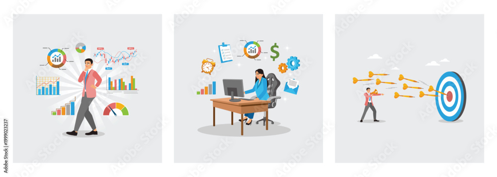 Fototapeta premium Market trends for stock content. Business icons for productivity. Arrow shot at bullseye in pursuit.