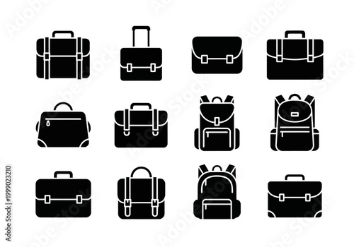 Professional Business Bag and Backpack Icon Set, Flat Vector Illustration of Briefcases, Satchels, and Rucksacks for Work, Travel, and Education Design