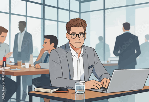 Professional Male Office Worker Using Laptop in Coworking Space