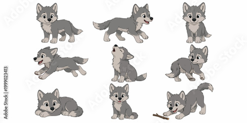 Eight playful gray wolves illustrated in various poses on white background image-006.ai