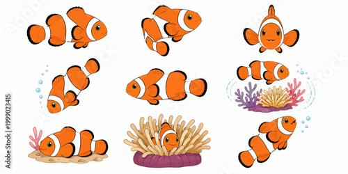 A group of clownfish swimming near coral reef with sea anemones underwater.
