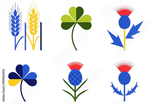 Set of Geometric Wheat, Thistle, and Shamrock Icons in Ukrainian Blue and Yellow Flag Colors - Minimalist Floral Symbols for Peace, Growth, and National Identity