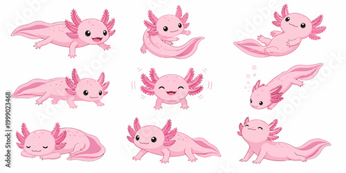 Several pink axolotls are swimming or resting on a surface in various poses and expressions.