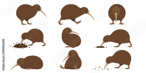Eight kiwi silhouettes are shown digging and standing in various positions.