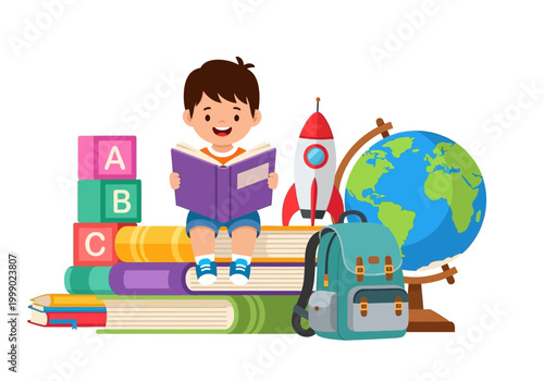 Vector Illustration of a Happy Young Boy Reading on a Stack of Books with Globe, Backpack, and ABC Blocks