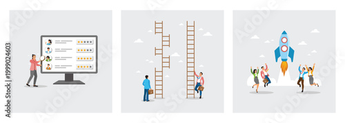 Online reviews with star ratings. Career ladder easy and difficult. Business growth and startup.