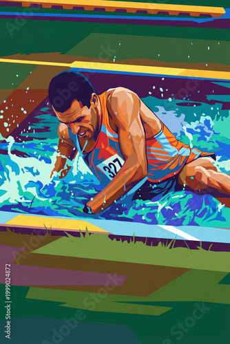 dynamic illustration of steeplechase athlete splashing through water pit, determination and focus in track and field competition
