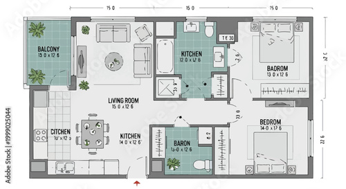 Floor plan of a modern apartment with living room and two bedrooms