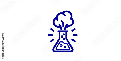 Laboratory flask chemical reaction outline icon set. science experiment, bubbling liquid, steam cloud, chemistry lab, research symbol, innovation concept, blue line design