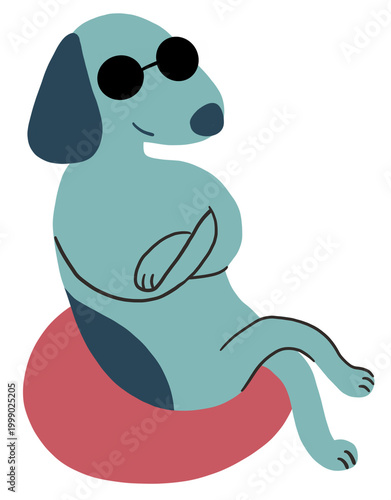 Blue dog wearing sunglasses sitting on a red couch