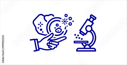 Microbiology research concept outline icons set. laboratory science, petri dish bacteria, microscope analysis, medical testing, hygiene cleaning, healthcare innovation