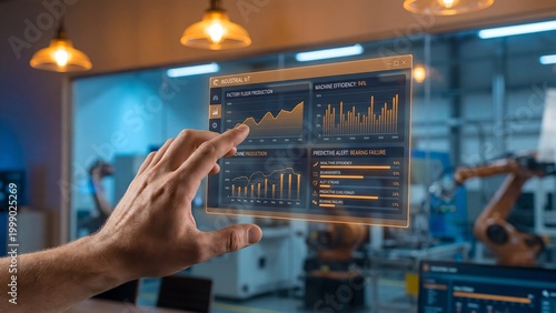 Hand interacts with holographic data analytics in a smart factory, visualizing performance metrics for industrial digital transformation and future operational efficiency