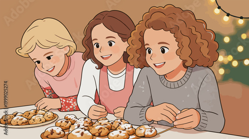 Three Young Friends Enjoying Homemade Holiday Cookies Together