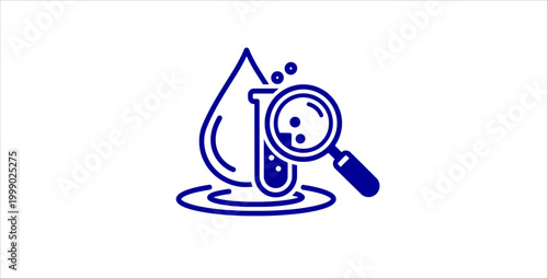 Water testing laboratory flat outline icons set. water analysis, lab flask, magnifier search, droplet purity, chemistry research, clean liquid, quality inspection